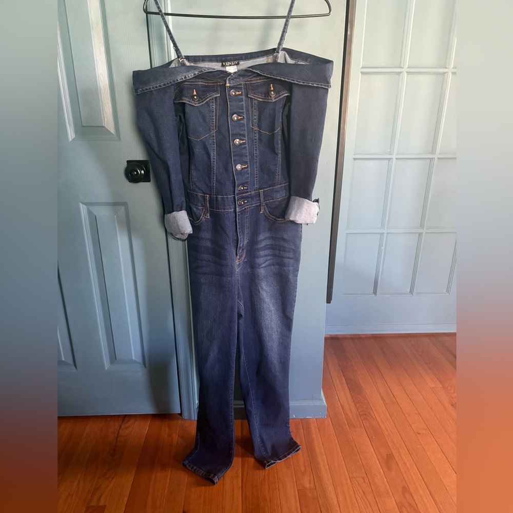 Off-Shoulder Dark Blue Women’s Jeans Jumpsuit - Picture 2 of 8